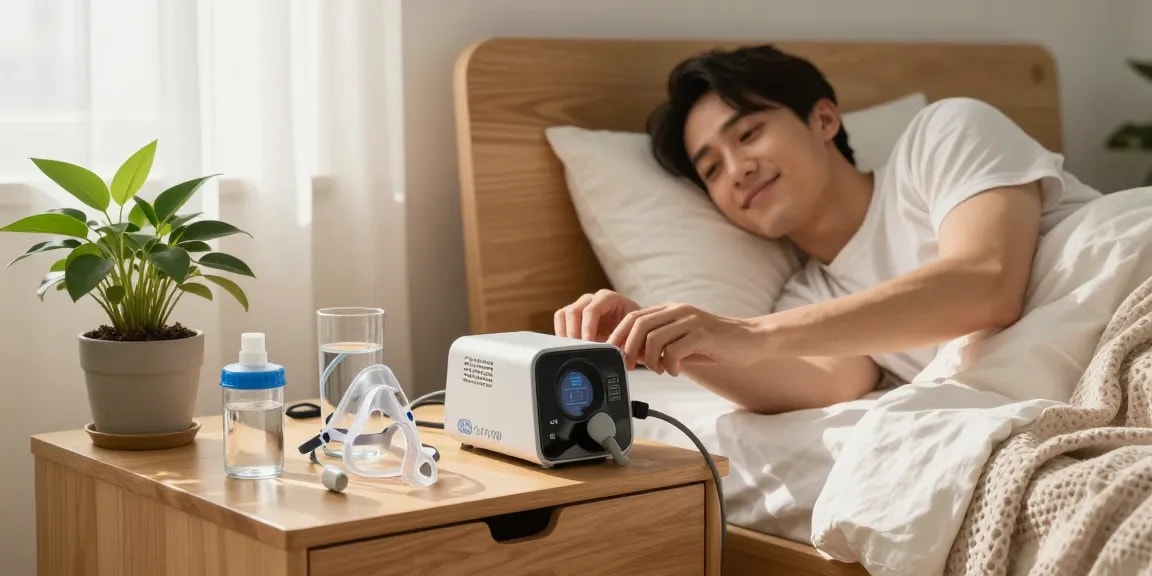 Individual adjusting cpap machines accessories on bedside table in a cozy bedroom.