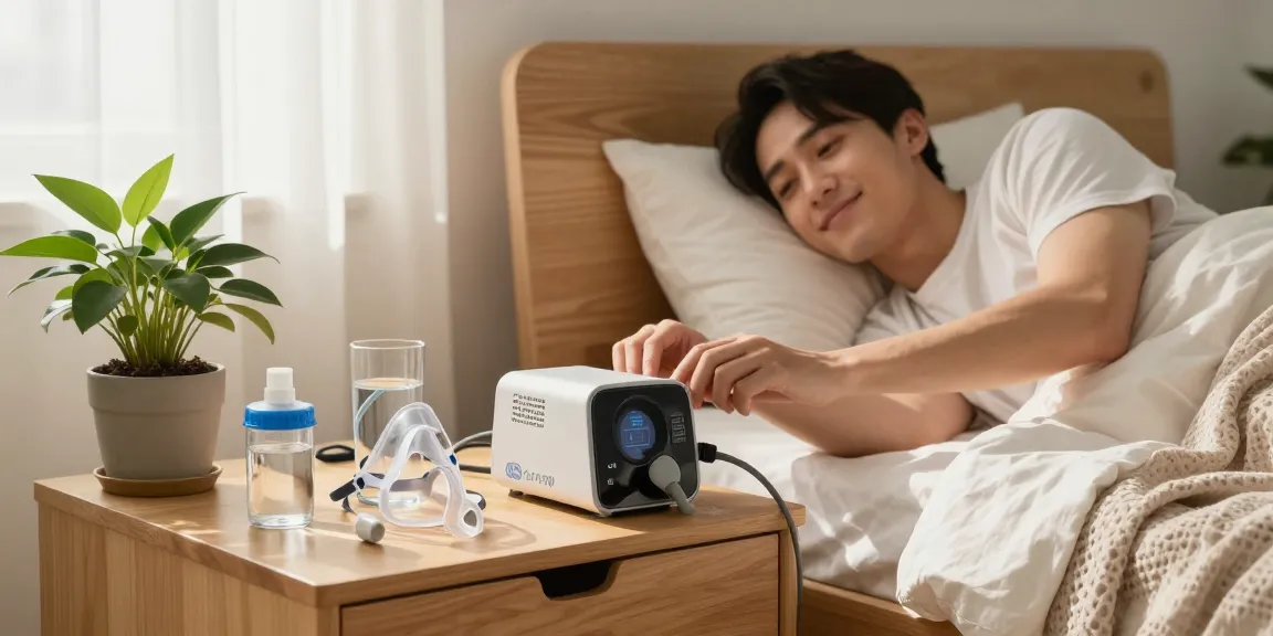 Individual adjusting cpap machines accessories on bedside table in a cozy bedroom.