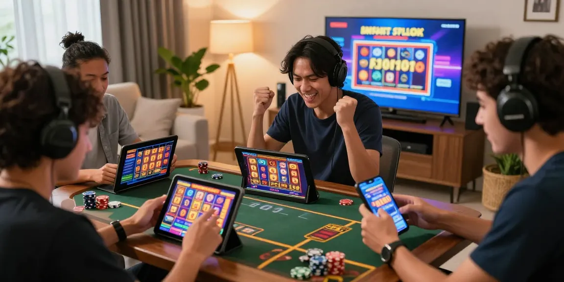 Permainan slot gacor yang mengasyikkan dengan pemain merayakan kemenangan di ruang tamu yang nyaman.
