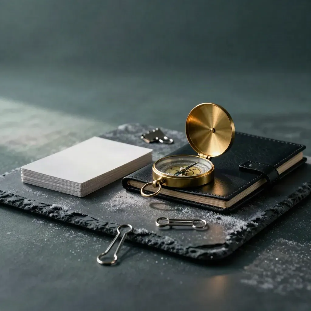 Brass compass, black portfolio and pitch cards on basalt with cold dawn haze.