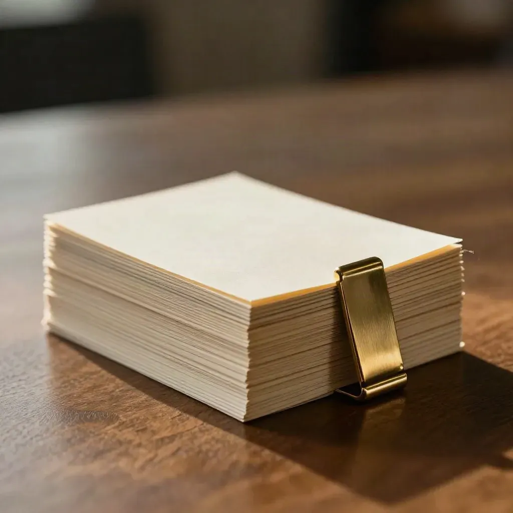 Macro stack of pitch cards clipped on a walnut surface, lit from the side