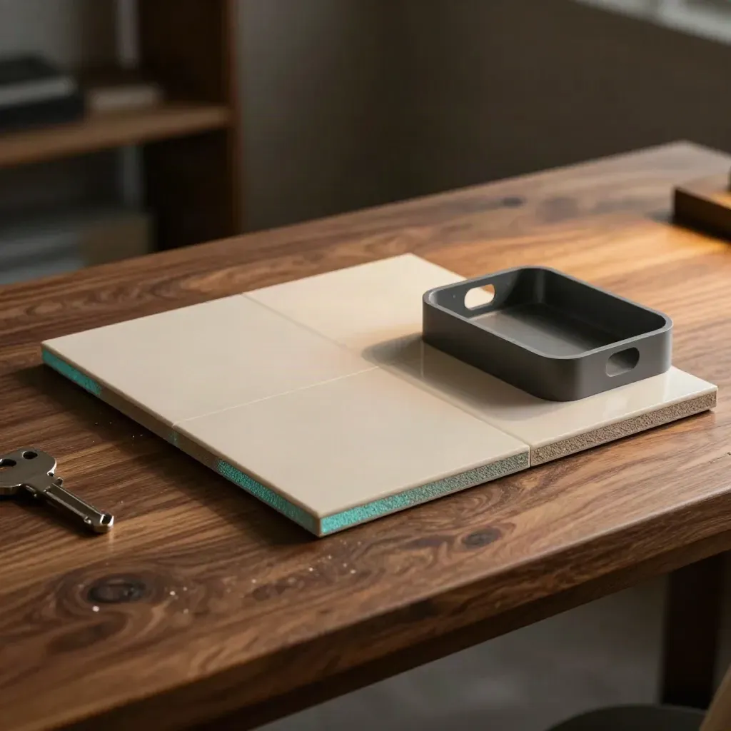 Teal anodized edge sample, ceramic tile, and prototype shell on a walnut workbench