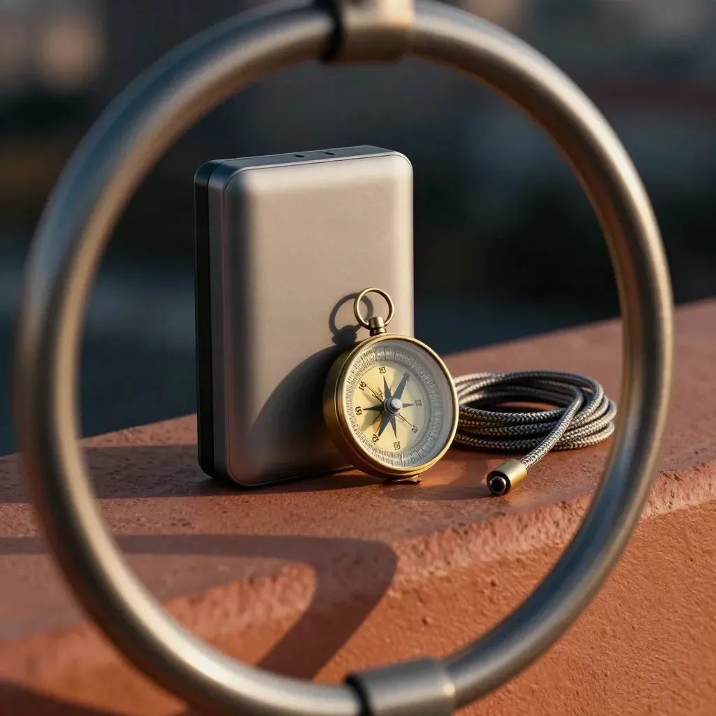 Power bank, compass, and braided cable on a terracotta ledge with night bokeh.