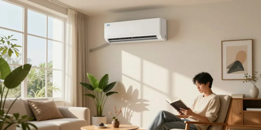 Ductless AC unit in stylish living room with natural light.