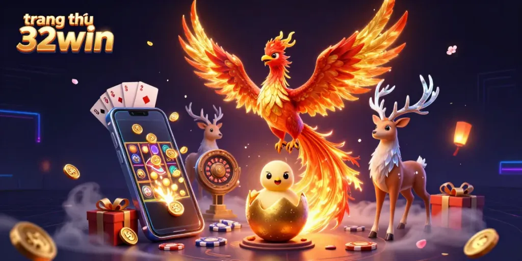 Engage in thrilling action at trang chủ 32win with vibrant games and characters in this captivating illustration.
