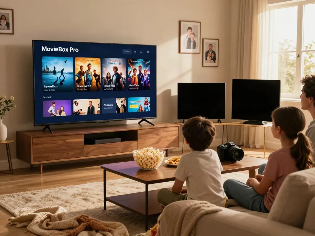 Family enjoying a movie night with MovieBox Pro app on TV