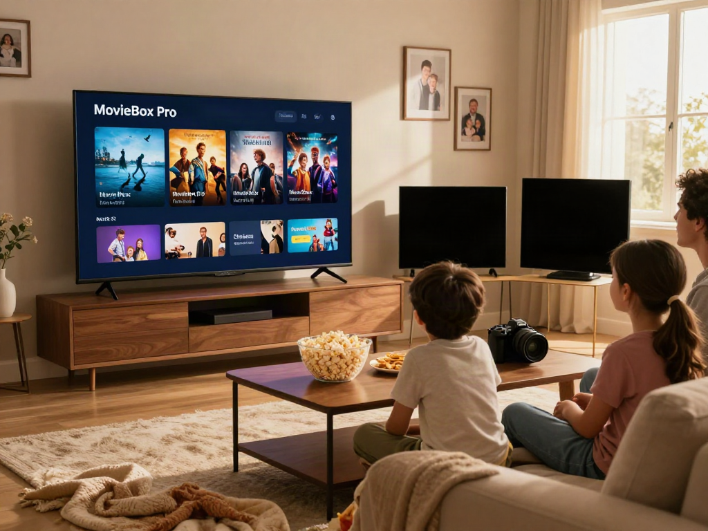 Family enjoying a movie night with MovieBox Pro app on TV