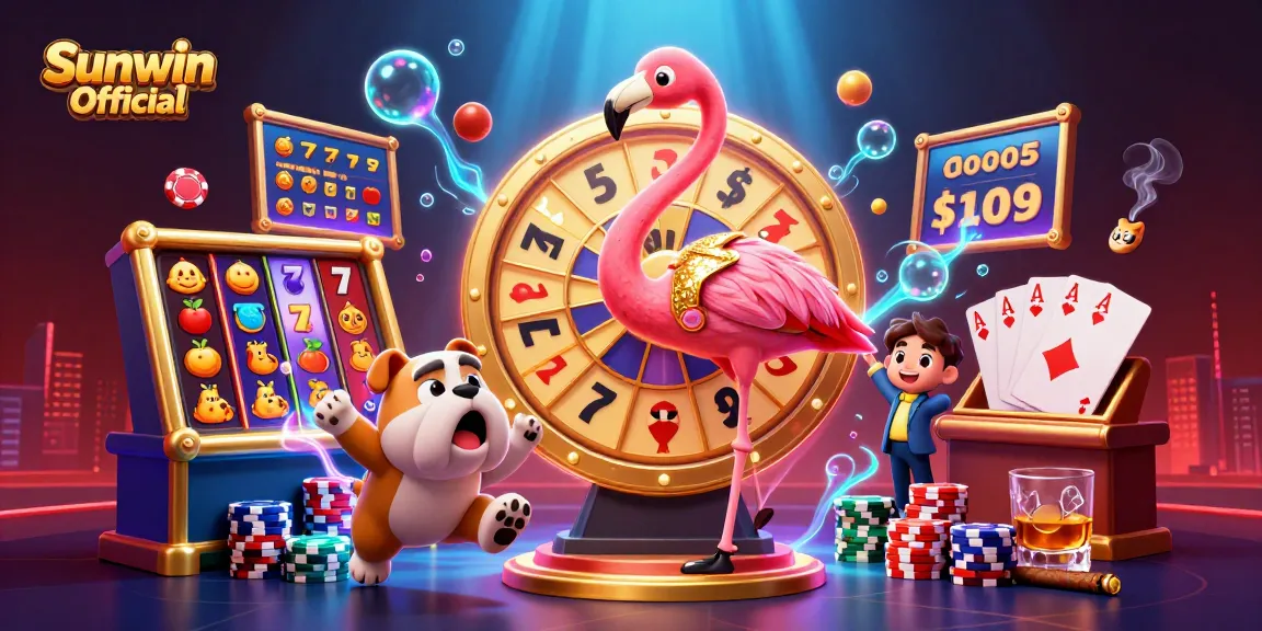 Engage with thrilling gameplay at Sunwin Official as a bulldog contestant spins the prize wheel amidst vibrant slot machines.